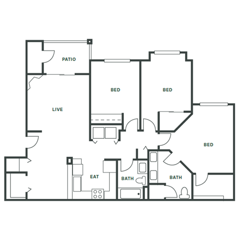 Floor plan for 3 beds, 2 baths, 1150 sqft